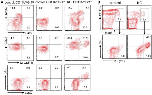 Figure 4. Aberrant expression of monocytic antigens by Gabpa KO myeloid cells. (A-B) Flow cytometric analysis of indicated populations of control and Gabpa KO cells for expression of Mac3, F4/80, CD33, M-CSF-R, c-kit, and Ly6C; numbers indicate percentage of cells in individual quadrants or boxes. All findings include data from at least 3 independent biologic specimens.