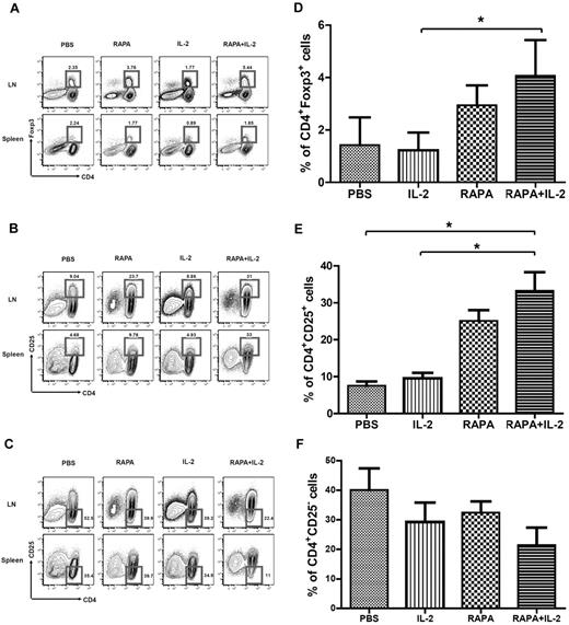 Figure 1. Combination of RAPA + IL-2 results in the expansion of donor-type CD4+Foxp3+ Tregs in the LNs, CD4+CD25+ T cells in peripheral tissues, and reduces CD4+CD25− T cells. BALB/c mice (Thy-1.2 and H-2kd) were injected with 5 × 106 TCD-BM cells (Thy-1.2 and H-2kb) and 1 × 106 Tcons (Thy-1.1 and H-2kb) from C57BL/6 mice after lethal irradiation with 800 cGy on day 0. Mice in each group received PBS, RAPA, IL2 or a combination of RAPA plus IL-2 from day 0 to day 7 after BMT. Flow cytometry of the CD4 T-cell population and intracellular staining of Foxp3 (A) or CD25 (B,C) in total lymphocytes by gating Thy-1.1+ from LNs and spleen of BALB/c mice on day 7 after BMT was performed (3 mice in each group). The bar graphs compare the proportion of CD4+Foxp3+ cells (D), CD4+CD25+ T cells (E) and CD4+CD25− T cells (F) in LNs of each group. Data are derived from 3 independent experiments. *P < .05. Results were shown as mean ± SD.