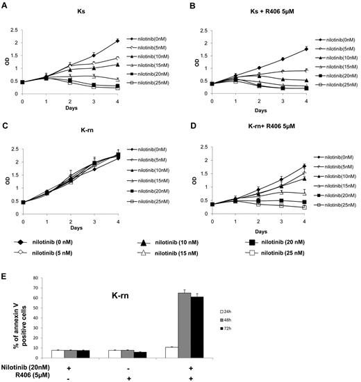Figure 3. Inhibition of Syk tyrosine kinase activity restores nilotinib sensitivity. Proliferation of the nilotinib-sensitive (Ks) and resistant cell lines (K-rn) were tested in MTS assays in the presence of increasing concentrations of nilotinib in the absence (A,C) or the presence (B,D) of R406 (5μM). Results are expressed as the mean of the optical density (OD) of the 4-well set standardized in comparison with the starting optical density at day 0, which is directly proportional to the number of viable cells. K-rn cells were grown in the presence of nilotinib (20nM), R406 (5μM) or a combination of nilotinib plus R406. Apoptosis was detected by flow cytometry using annexin V–FITC at 24, 48, and 72 hours. Results, expressed as the percentage of annexin V positive cells, are from one experiment representative of 3 (E).