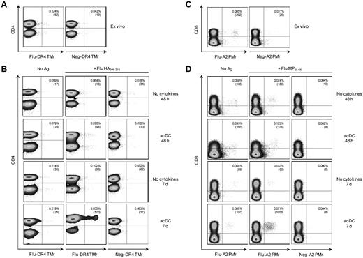 Figure 4. acDC stimulation drives expansion of peptide-specific T cells. (A) Ex vivo detection of Flu HA306-318–specific CD4+ T cells using Flu or control (Neg) peptide–loaded HLA-DR4 (DR*04:01) TMrs. (B) In vitro expansion of Flu HA306-318–specific CD4+ T cells detected by TMrs. PBMCs were cultured without (first column) or with Flu HA306-318 peptide (second and third columns) for 48 hours or 7 days with or without the acDC cocktail, as indicated. Flu-specific CD4+ T cells were identified with the corresponding HLA-DR4 TMrs (first and second columns), and background staining determined with control TMr (third column). (C-D) The same experiment was performed to detect Flu MP58-66–specific CD8+ T cells using Flu or control peptide–loaded HLA-A2 (A*02:01) pentamers (PMrs). Numbers in the upper right corner of each dot plot indicate the percentage and absolute numbers of CD4+TMr+ or CD8+PMr+ cells. acDC maturation was induced with anti-CD40/IFN-α and dot plots are gated on CD14/CD19− viable cells. Results are representative of 3 independent experiments.