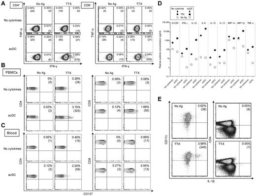 Figure 6. Ag-specific cytokine production and CD137 up-regulation are acDC-amplified in PBMCs and whole blood. (A) Intracellular IFN-γ/TNF-α staining performed on PBMCs in the absence (top row) or presence (bottom row) of the acDC cocktail. After 48 hours of incubation, nonadherent cells were stained for intracellular cytokines accumulated during a final 6 hours of incubation with brefeldin A. Percentages indicate cytokine-positive events among CD4+ (left) or CD8+ (right) T cells (absolute cell numbers are shown in brackets). (B) CD137 up-regulation detected on PBMCs with (bottom row) or without (top row) acDC amplification during a 48 hours of culture, as above. (C) Whole blood from the same draw was assayed in parallel by adding Ags with (bottom) or without (top) acDC cytokines. Dot plots were gated on CD4+ (left) or CD8+ (right) T cells to allow comparison between PBMCs and whole blood. Percentages indicate the CD137+ fraction among CD4+ or CD8+ T cells (absolute cell numbers are shown in brackets). (D) Whole blood (250 μL) was cultured for 48 hours with or without TTX in the presence (squares) or absence (circles) of acDC cocktail. Cytokines secreted in plasma supernatants were measured; only those significantly increased in response to Ag are shown. Results are shown as TTX-stimulated cytokine concentrations (filled symbols) and basal values in the absence of Ag (open symbols). Coefficients of variation among triplicate samples were 6.1%-16.2% (not shown). (E) Ag-specific IL-1β production by acDCs. After a 48-hour acDC stimulation, total PBMCs were collected and treated with brefeldin A for 6 hours. Intracellular IL-1β expression in CD11c+ cells (gated on CD14−CD19−CD8−CD4lowHLA-DR+ events) and CD4+ cells (gated on CD14−CD19−CD8−CD11clow events) is shown. Results refer to representative experiments of 10 or more performed using the anti-CD40/IFN-α maturation cocktail.