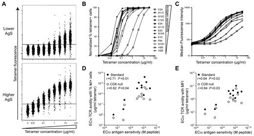 Figure 3. Ag sensitivity correlates with TCR avidity. Clones with different AgS levels were labeled with KK10/HLA-B*2705 tetramer across a range of concentrations. (A) Representative tetramer titrations for 1 clone with lower (H8B) and 1 clone with higher (C2A) levels of AgS. (B-C) Representative tetramer titration curves for several clones displayed as a percentage (B) or MFI (C) of tetramer+ cells. The symbol key shown in panel B applies to both panels. (D-E) Correlation between AgS (EC50 for Cr51 release) and TCR avidity displayed as tetramer concentration EC50 for percentage (D) or MFI (E) of tetramer+ cells. Data are shown for both standard (●) and CD8-null (○) tetramer titration assays. Correlations were determined using the Spearman rank test.
