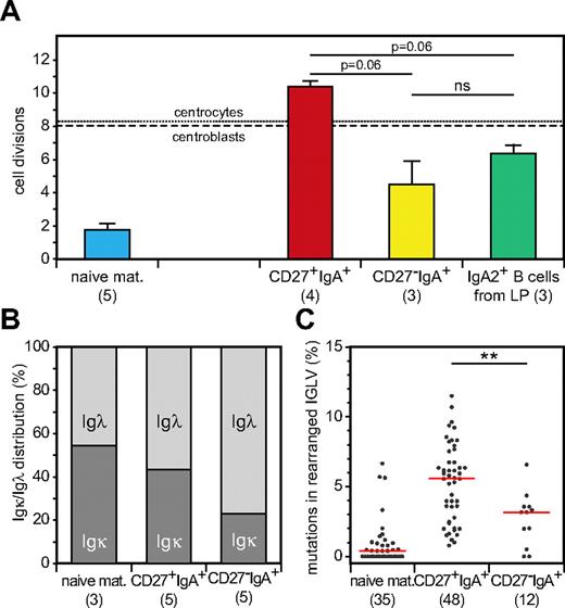 Figure 6. CD27−IgA+ memory B cells resemble colon lamina propria IgA+ B cells. (A) Replication history in naive mature, IgA+ memory B-cell subsets and CD19+IgA2+ B cells isolated from human colon lamina propria as measured with the KREC assay. Bars represent mean values with SEM. Statistical significance was calculated with the Mann-Whitney test. (B) Igκ and Igλ isotype distribution of naive mature and IgA+ memory B cell subsets as determined with flow cytometric analysis. (C) Frequency of mutated nucleotides in rearranged IGLV gene segments. All individual data points are showed as gray dots, with red lines indicating the median value. Statistical significance was calculated with the Mann-Whitney test. **P < .01.