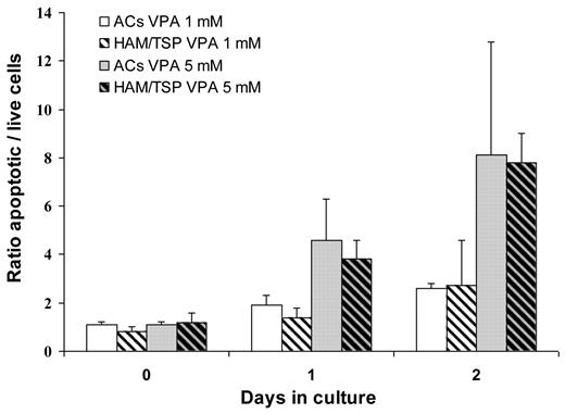 Figure 1. VPA is proapoptotic for ex vivo-cultured CD4+ T cells from HTLV-1 AC and HAM/TSP patients. CD4+ cells isolated from 10 AC patients (non–cross-hatched bars) and 10 HAM/TSP patients (cross-hatched bars) were cultured for 6 (D0), 24 (D1), or 48 hours (D2) with 1mM VPA (white back bars) or 5mM (gray back bars) VPA. Apoptotic cells were identified by flow cytometry based on annexin-PI labeling, and the ratios of the apoptotic rates of VPA-treated to nontreated cells were calculated. Mean ratio ± 1 SD are plotted.