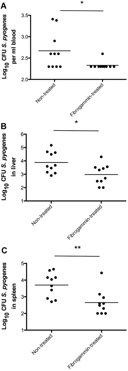 Figure 7. fXIII-Treatment of wild-type mice and bacterial dissemination. Mice received a subcutaneous injection of S pyogenes and were treated with FibrogamminP 3 hours after infection. Nontreated mice served as controls. Twenty-four hours after infection, mice were killed and bacterial loads in the blood (A), liver (B), and spleen (C) were determined. Data are presented as means of 10 mice per group and were obtained from 3 independent experiments. *P < .05; **P < .01.