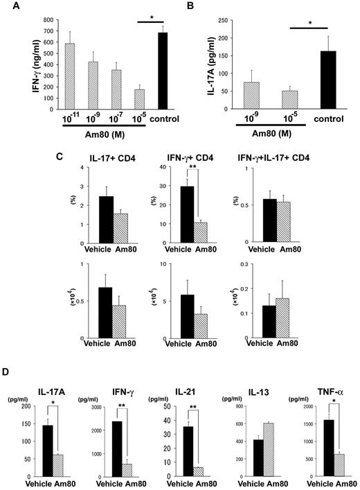 Figure 4. Am80 inhibits donor Th1 and Th17 cells in vitro and in vivo. Sublethally irradiated BALB/c recipients were transplanted from WT B10.D2 donors. (A-B) PLN cells from recipients (n = 3-6 per group) on day 14 were treated with Am80 or vehicle solution for 24 hours, the supernatants were collected, and ELISA was performed to determine the cytokine levels. Graphs represent the levels of cytokines secreted per 1 × 106 whole stimulated PLN cells. The data are from 1 representative of ≥ 3 independent experiments. (C-D) After BMT, recipients (n = 4-6 per group) were administered oral Am80 (1.0 mg/kg of body weight) or vehicle solution daily from day 0. PLNs of the recipients were stained for intracellular IFN-γ and IL-17. (C) The percentage and absolute number of IFN-γ+ and IL-17+–producing CD4+ T cells. Data are from 1 representative of ≥ 2 repeated experiments. (D) PLN cells from recipients (n = 3-6 per group) treated with Am80 or vehicle on day 16 were stimulated with PMA and ionomycin. Five hours later, the supernatants were collected to determine cytokine levels by CBA. Graphs represent the levels of cytokines secreted per 1 × 106 whole stimulated PLN cells. The data are from 1 representative of ≥ 3 independent experiments. The means (± SEs) of each group are shown; *P < .05 and **P < .01.
