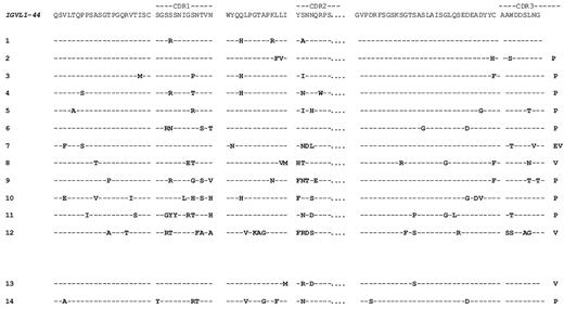Figure 6. Deduced amino acid sequences of the IGVL1-44-derived amyloid VL regions. Amino acid changes from the germline donor, IGVL1-44, are highlighted. Sequences 1-12 were from the dominant heart population, and sequences 13 and 14 were from control patients.