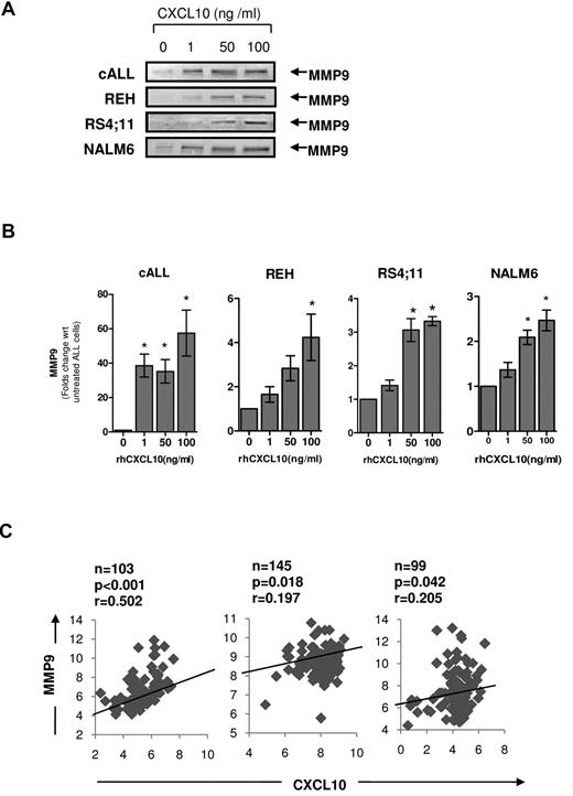 Figure 5. CXCL10 induces MMP9 expression and activity in BCP-ALL cells. (A) Representative zymography assay showing MMP9 activity in the supernatants of a panel of BCP-ALL cells treated with recombinant human CXCL10. (B) MMP9 gene expression in the indicated BCP-ALL cells after treatment with recombinant human CXCL10. Data are mean ± SEM (n = 3). *P < .05 with respect to untreated (0 ng/mL). (C) Correlation analysis of CXCL10 and MMP9 gene expression in human B-cell ALL patients. Correlation studies were performed on publicly available gene expression datasets of 3 cohorts of human B-cell ALL patients. Data normalization and correlation analysis are described in “Data analysis for correlation studies.”