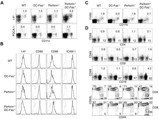 Figure 2. DC accumulation and spontaneous activation of T cells in perforin−/−DC-Fas−/− mice. (A) Flow cytometry of CD11chighI-Ab+ DCs and CD11clowPDCA-1+ pDCs in 4-week-old WT, perforin−/−, DC-Fas−/−, and perforin−/−DC-Fas−/− mice. (B) Staining of I-Ab, CD80, CD86, and ICAM-1 on CD11chighCD11b+ DCs from 4-week-old WT, perforin−/−, DC-Fas−/−, and perforin−/−DC-Fas−/− mice. (C) Flow cytometry of F4/80+CD11b+ macrophages in 4-week-old WT, perforin−/−, DC-Fas−/−, and perforin−/−DC-Fas−/− mice. (D) CD69 staining on CD4+, CD8+, and CD19+ cells from the spleen of 4-week-old WT, perforin−/−, DC-Fas−/−, and perforin−/−DC-Fas−/− mice were analyzed by flow cytometry. Splenocytes were also stained with APC–anti-CD4 or APC–anti-CD8, and PE–anti-CD44 and cychrome–anti-CD62L. The cells were analyzed by flow cytometry. CD44 and CD62L staining of CD4+ or CD8+ cells were plotted. Data are representative of 5 independent experiments.