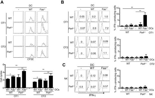 Figure 4. Over-activation and IFN-γ production of perforin−/− T cells induced by Fas−/− DCs after adoptive transfer. (A) CD45.1 mice were injected with CFSE-labeled WT or perforin−/− OT1 or OT2 cells, followed by injections of WT or Fas−/− DCs pulsed with corresponding OVA peptides at the footpad. Three days later, draining lymph node cells were analyzed by flow cytometry. CD8+CD45.2+ OT1 cells or CD4+CD45.2+ OT2 cells were gated to determine CFSE dilution. Average numbers of cell division (mean ± SD) were plotted. **P < .01, *P < .05, n = 5. (B) CD45.1 mice were injected with WT or perforin−/− OT1 or OT2 cells, followed by injections of WT or Fas−/− DCs pulsed with corresponding OVA peptides as in panel A at the footpad. Three days later, draining LN cells were stained with PE–anti-CD4 or anti-CD8 and FITC-CD45.2, followed by intracellular staining with APC-anti–IFN-γ and flow cytometry. **P < .01 (n = 5). (C) CD45.1 mice were injected with WT or perforin−/− NK cells, followed by injections of WT or Fas−/− DCs at the footpad. Three days later, IFN-γ staining in CD45.2+DX5α+ NK cells from draining LN was analyzed (n = 5).