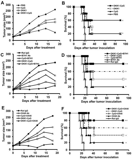 Figure 2. Therapeutic effects of DKK1-DNA vaccines against established myeloma. Balb/c mice (5 per group) were inoculated subcutaneously with MOPC-21 tumor cells, and when the tumors reached 25 mm2, received different treatments at a 3-day interval. Tumor burdens were measured twice every week. Mice were euthanized when subcutaneous tumors reached 225 mm2 or when mice became moribund. Shown are tumor burdens (A,C,E) and survival (B,D,F) of mice receiving 3 injections of PBS, CpG, DKK1-DNA vaccine (DKK1), or DKK1 DNA vaccine plus CpG (DKK1-CpG; A-B); or DKK1-DNA vaccine plus CpG (DKK1-CpG), rat IgG, B7H1 mAb, CpG plus B7H1 mAb (CpG+B7H1), or DKK1-DNA vaccine plus CpG (DKK1-CpG) in combination with B7H1 mAb (DKK1-CpG+B7H1; C-D); or DKK1-DNA vaccine plus CpG (DKK1-CpG), rat IgG, OX40 mAb, CpG plus OX40 mAb (CpG+OX40), or DKK1-DNA vaccine plus CpG (DKK1-CpG) in combination with OX40 mAb (DKK1-CpG+OX40; E-F). Representative results of 1 of 2 independent experiments are shown. *P < .05; **P < .01, compared with PBS controls.