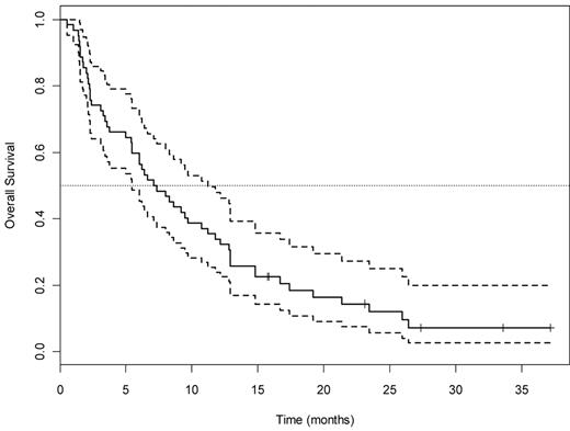 Figure 1. OS for all 63 patients treated with the T + E arm A. Dotted lines indicate 95% CI.