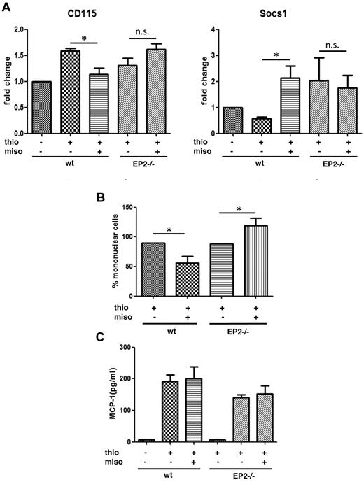 Figure 4. In vivo effects of misoprostol on macrophage maturation during peritonitis. (A) Misoprostol down-regulates CD115 and up-regulates SOCS1 in bone marrow cells of WT mice but not EP2−/− mice in a model of thioglycollate peritonitis. Two hours before and 10 hours after intraperitoneal thioglycollate injection, mice were injected subcutaneously with 200 μL of saline containing either 50 μg of the nonselective PGE2 analog misoprostol in 0.5% DMSO or DMSO alone. After 24 hours, WT and EP2−/− mice were killed, and bone marrow cells were isolated and analyzed for the expression of CD115 and SOCS1 with qRT-PCR. Data shown are expressed as the mean ± SEM from 6 experiments, each using a different mouse (*P < .05). (B) Misoprostol attenuates macrophage accumulation in the peritoneal cavity in a model of thioglycollate peritonitis. Mice were treated as described in panel A. After 4 days, peritoneal cells of EP2−/− and WT mice were lavaged and counted. The percentage of mononuclear cells was determined from modified Wright-Giemsa–stained cytospins. Data are expressed as the mean ± SEM from 8 experiments, each using a different mouse. (C) Misoprostol fails to attenuate CCL2 (MCP-1) production. Mice were treated as described in panel A. After 24 hours, the peritoneal cavities of EP2−/− and WT mice were lavaged with 1 mL of lavage buffer, and the supernatant was analyzed for MCP-1 using ELISA. Data are expressed as the mean ± SEM from 6 experiments, each using a different mouse. Thio indicates thioglycollate and miso, misoprostol.
