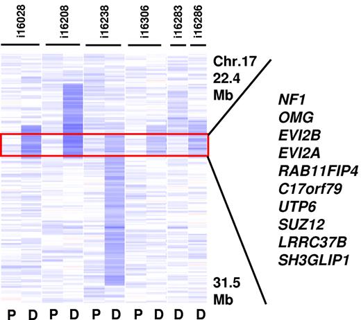 Figure 4. Recurrent deletion at 17q11.2. The MDR (901 Kb in size) is defined by the 2 cases i16238 and i16306 and contains 10 genes including the tumor suppressor NF1 (P indicates paired normal; and D, diagnosis).