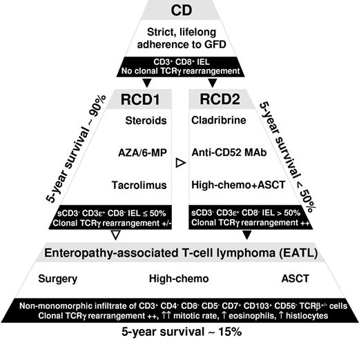 Figure 5. Main therapeutic options (white areas), 5-year survival, and IEL or infiltrating lymphoma cell immunophenotype (black areas), along the lymphomagenic process leading from uncomplicated CD to EATL through RCD. Unlike RCD1 (RCD1), which can benefit from steroids, such as prednisone or budesonide, combined or not with immunomodulators, such as azathioprine (AZA), 6-mercaptopurine (6-MP), or tacrolimus, RCD2 (RCD2) is less likely to respond to the aforementioned drugs. Therapeutic options in RCD2 may include cladribrine, alemtuzumab (anti-CD52 antibody), or high-dose chemotherapy (high-chemo) followed by ASCT. Standard-chemo indicates standard-dose chemotherapy. Black arrowheads represent probable progression; and white arrowheads, uncertain progression.