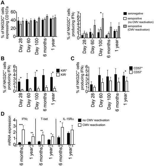 Figure 7. IFNγ production, but not CD107a expression, is increased after CMV reactivation. PBMCs from seronegative (black bars, n = 10), seropositive (no CMV reactivation, white bars, n = 5), and seropositive (CMV reactivation, gray bars, n = 8) recipients at the indicated time points were incubated in either medium alone (not shown) or with K562 cells for 5 hours. (A) CD107a expression (left panel) and IFNγ production (right panel) was measured on NKG2C+ NK cells. Bars represent the means ± SEM. NKG2C+ cells from different groups of recipients were compared at each time point using the Student t test. *P ≤ .05. (B) NKG2C+ NK cells from seropositive (CMV reactivation) recipients were further gated as being KIR+ (black bars) or KIR− (white bars) based on staining with a cocktail of Abs against CD158a/h, CD158b/j, and CD158e, and IFNγ production was measured for each subset. Bars represent the means ± SEM. KIR+ and KIR− NK cells were compared at each time point using the paired t test. *P ≤ .05. (C) NKG2C+ NK cells from seropositive (CMV reactivation) recipients were further gated as being CD57+ (black bars) or CD57− (white bars) and IFNγ production was measured for each subset. Bars represent the means ± SEM. CD57+ and CD57− NK cells were compared at each time point using the paired t test. *P ≤ .05. (D) IFNγ, T-bet, and IL-15Rα mRNA expression were measured on resting PBMCs at 6 months and 1 year after HCT. Samples were normalized to 18S RNA. Bars represent the means ± SEM. Recipients who reactivated CMV and those who did not were compared at each time point using the t test. *P ≤ .05, **P < .01, and ***P < .001.