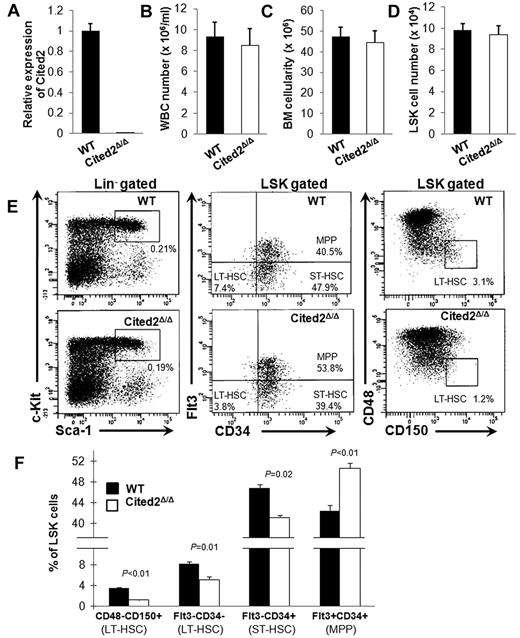 Figure 1. Conditional deletion of Cited2 results in decreased numbers of LT-HSCs. (A) pI-pC treatment induces efficient deletion of Cited2, as determined by relative expression of Cited2 mRNA normalized to 18S RNA in LSK cells (mean ± SEM, n = 8). (B-D) Approximately 2-3 weeks after pI-pC treatment, no significant difference was found between wild-type (WT) and Cited2Δ/Δ mice in WBC number (B), BM cellularity (C), and LSK cell number (D). Data shown are means ± SEM (n = 6). (E) Flow cytometric analysis shows that, compared with wild-type controls (top panel), Cited2Δ/Δ LSK cells (bottom panel) display a significantly decreased Flt3−CD34− or CD48−CD150+ fraction, which corresponds to LT-HSCs. WT and mutant mice were from the same litter and experiments were performed independently at least twice. The numbers in the Lin−-gated plots indicate the percentage of total BM mononuclear cells, whereas the numbers in the LSK-gated plots indicate the percentage within the gated population. (F) The percentage of LT-HSCs (CD48−CD150+ or Flt3−CD34−), short-term HSCs (Flt3−CD34+), and multipotent progenitors (Flt3+CD34+) in LSK cells are shown as means ± SEM (n = 4).