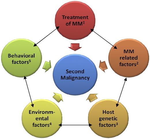 Figure 1. Proposed model of second malignancies after multiple myeloma. Examples for the categories include the following: (1) alkylating agents, immunomodulatory agents, autologous stem cell transplant, and radiation; (2) molecular subtypes of disease, biclonal disease, and bone marrow microenvironment; (3) polymorphisms in germline genes (eg, drug-metabolizing genes, erythropoietin promoter gene), chronic antigenic stimulation, and genetic susceptibility with other malignancies; (4) occupation, pesticides, and chlorinated solvents; and (5) tobacco, obesity, alcohol, and diet.