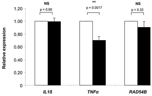 Figure 2. Relative expression of IL-1β, TNFα, and RAD54B in LCLs from FA-A patients transfected with a Pre-miR control and Pre-miR-181c. In all cases, mRNA expression levels were analyzed by qPCR 2 days after transfection with a Pre-miR control (white bars) or Pre-miR-181c (black bars). Expression levels were related to the expression of the human β-actin gene and normalized to mean values corresponding to LCLs transfected with the Pre-miR control. Bars corresponding to IL-1β and TNFα expression represent mean values ± SEM of data deduced from the analysis of 3 FA patients. In the case of RAD54B, data from 2 patients are shown. For each determination, 3 independent experiments were conducted.