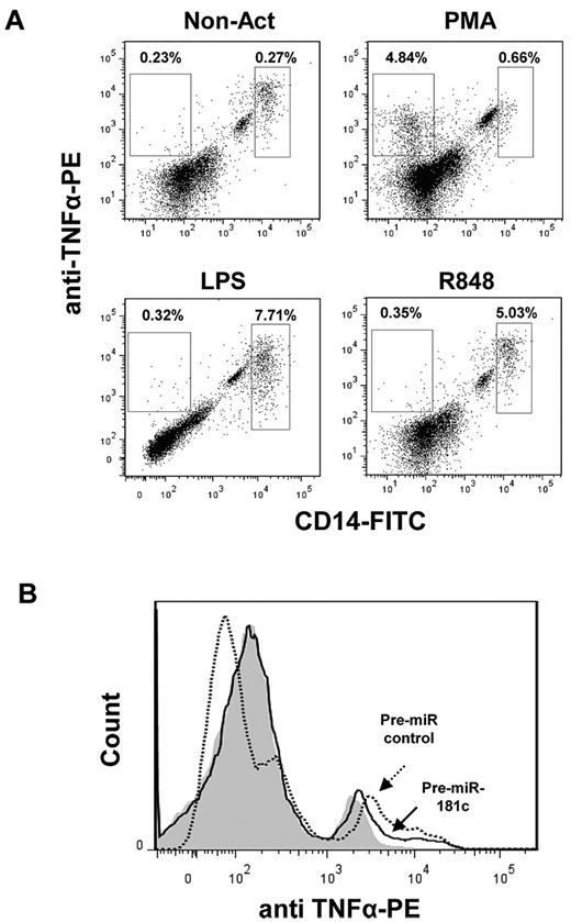 Figure 4. Down-regulated expression of TNFα in LPS-activated BM cells transfected with Pre-miR-181c. (A) Representative flow cytometric analysis showing intracellular expression of TNFα in CD14+ cells in fresh BM and BM cells activated with PMA, LPS, or R848. (B) Representative analysis of intracellular TNFα in LPS-activated BM cells transfected with Pre-miR control or with Pre-miR-181c. Gray histogram corresponds to nonactivated cells; empty histograms correspond to LPS-activated cells transduced with the Pre-miR control (dotted line) and with Pre-miR-181c (continuous line). Data correspond to a BM sample from an HD.