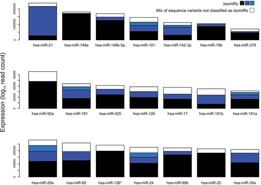 Figure 2. Relative isomiR contribution to the total read count of 21 most expressed miRNAs in SET2 cells. The total read count belonging to sequences not passing the stringent threshold for being considered as isomiRs is indicated in the white rectangle.