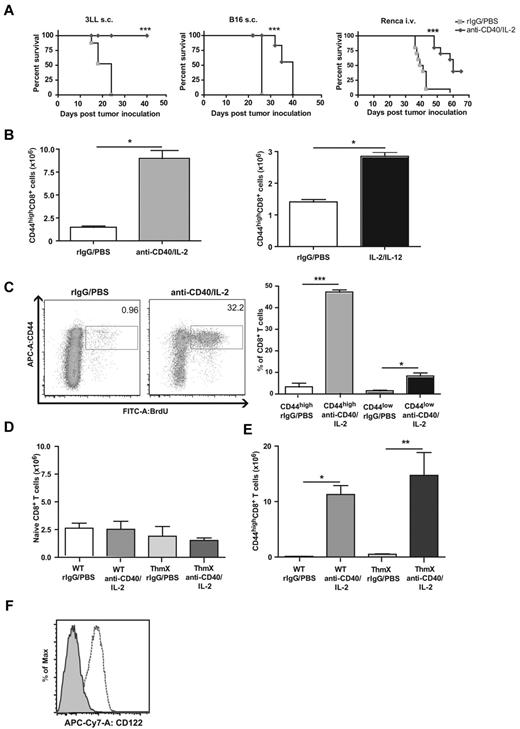 Figure 1. Effects of immunotherapy regimens on memory CD8 T cell expansion and function in vivo. (A) Survival after anti-CD40 and IL-2 treatment of subcutaneously implanted 3LL (left), subcutaneously implanted B16 (middle), or intravenously injected Renca (right) tumor models. (B) Total numbers of splenic CD44highCD8+ T cells on day 11 of anti-CD40 and IL-2 (left) and 5 days after IL-2 and IL-12 (right) immunotherapy regimens in naive mice. (C) BrdU incorporation of CD44highCD8+ T cells in response to immunotherapy. Numbers in dot plots represent percentages of CD8+ T cells. (D) Percentage of naive CD8+ T cells in wildtype and thymectomized mice 11 days after anti-CD40 and IL-2 therapy. (E) Percentage of memory CD8+ T cells in WT and thymectomized mice on day 11 of anti-CD40 and IL-2 treatment. (F) Expression of CD122 on CD44high (dashed line) compared with CD44low CD8+ T cells (shaded) from resting C57BL/6 mice. Data are representative of at least 3 independent experiments (*P < .05, **P < .01, ***P < .001).