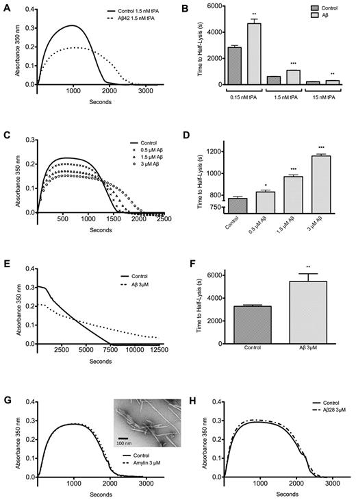 Figure 1. Clot lysis is delayed through a range of tPA concentrations in the presence of Aβ42 in a dose-dependent manner. Clot formation and lysis were monitored by turbidity assay. (A) Clot formation and lysis were initiated as described in “Clot turbidity analysis” by combining thrombin, fibrinogen, CaCl2, plasminogen, and 0.15nM, 1.5nM, or 15nM tPA with or without 3μM Aβ42 (0.15nM and 15nM curves not shown because of scale differences). (B) Half-lysis of Aβ clots was significantly longer than for control clots for all concentrations of tPA. (C) Clots were formed as in panel A with 0.5μM, 1.5μM, 3μM Aβ42, or vehicle and 1.5nM tPA. (D) Half-lysis of Aβ clots was significantly delayed in a dose-dependent manner. (E) Preformed clots prepared as described in “Clot turbidity analysis” were overlaid with 50nM tPA. (F) Half-lysis of Aβ clots was significantly longer than control. (G) Clotting and lysis of clots formed as in panel A but with 3μM amylin confirmed by TEM to be fibrillar (inset) did not differ from control. (H) Clots formed as in panel A but with 3μM Aβ1-28 did not differ from control clots (turbidity plots represent mean of 3 experiments; bar graphs represent mean ± SD of 3 experiments; statistical significance noted as *P < .05, **P < .005, and ***P < .0005).