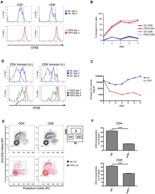 Figure 3. Impaired proliferation and survival of MST1-deficient T cells in response to activation signals. (A) Control (Ctr.) and MST1-deficient (F2P2) CD4 and CD8 T cells were analyzed in terms of the rate of division (with CFSE dilution indicating cell proliferation) every 24 hours from day 1-3 after PMA/ionomycin–induced activation. Data are representative of 4 independent experiments. (B) Cell death, as analyzed by annexin V binding to control (Ctr.) and MST1-deficient (F2P2) CD4 and CD8 T cells, at different time points (every 24 hours) after CFSE labeling and PMA/ionomycin activation. Data are representative of 2 independent experiments. (C) Absolute cell counts for annexin V+ T cells in the CFSE+ population presented in panel B. Data are representative of 3 independent experiments. (D) CFSE and annexin V staining of PMA/ionomycin-activated control (Ctr.) and MST1-deficient (F2P2) CD4 and CD8 T cells. Cells were stained with annexin V and sized at different time points by flow cytometry. Histograms depict the CFSE dilution of viable CD4 and CD8 T cells (annexin V−). It is important to note that the CFSE graphs are normalized against the number of cells; the histograms represent thepercentage of the maximum signal (% of Max) and do not reflect the number of dividing cells. Data are representative of 2 independent experiments. (E) Cell proliferation, as measured by EdU incorporation in control (Ctr.) and MST1-deficient (F1P1) CD4 and CD8 T cells after 8 days of culture. Cells were labeled with EdU for 60 minutes before fixation. The EdU intensity is shown on the logarithmic y-axis and DNA content (propidium iodide staining) is shown on the linear x-axis. Gates defined the percentage of cells in the G1, S (EdU positive), and G2 phases, as presented in the inset. Data are representative of 3 independent experiments. (F) Quantification of EdU incorporation by CD4 and CD8 obtained from control (Ctr.) and MST1-deficient patients (F1P1). Data are representative of 3 independent experiments and are shown as means ± SEM. ***P < .001.