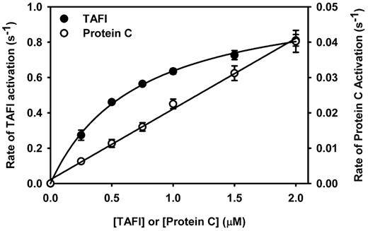 Figure 4. Kinetics of TAFI and protein C activation by the thrombin-Solulin complex in HEPES-buffered saline. TAFI activation (●) was fit by nonlinear regression to the Michaelis-Menten model of enzyme kinetics, yielding a Km of 0.71μM and a kcat of 1.09/s, implying a catalytic efficiency of 1.53/μM/s. The kinetic parameters Km and kcat cannot be determined for protein C activation by the thrombin-Solulin complex (○); however, the slope provides a reasonable estimate of the catalytic efficiency (kcat/Km = 0.02/μM/s).