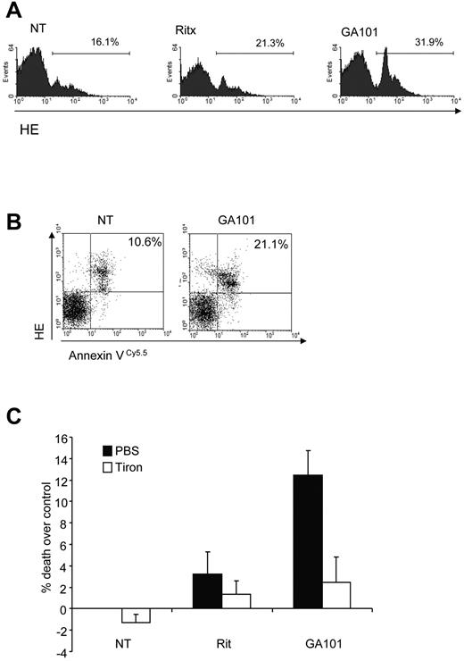 Figure 3. mAb-induced ROS triggers cell death in primary CLL samples. (A) Primary CLL cells were treated with mAbs (10 μg/mL) and 4 hours later stained with HE to assess ROS generation by flow cytometry. Representative data from 1 patient sample is shown. GA101 induces greater ROS than rituximab in primary B-CLL cells. (B) Dual staining of GA101-treated primary CLL cells with HE and annexin V Cy 5.5 to detect ROS and cell death, respectively confirms that ROS generation coincides with cell death in CLL cells. (C) CLL cells from 3 different patients were treated with mAb in the presence or absence of tiron and cell death was assessed after 4 hours by annexin V–Cy5.5 and 7-AAD costaining. Mean + SEM of cell death in the 3 independent patient samples are shown. Because of the heterogeneous levels of basal apoptosis in primary CLL samples, data are expressed as percentage cell death over control.