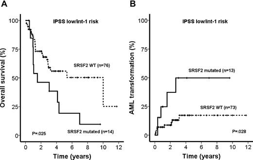 Figure 3. OS and time to AML progression in MDS patients. OS (A) and time to AML progression (B) in MDS patients with IPSS low/intermediate-1 risk according to SRSF2 mutation status (log-rank test) are shown.