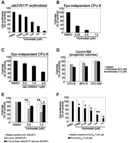 Figure 3. Effects of vorinostat on mouse and human primary hematopoietic progenitors or precursors expressing JAK2V617F. (A) Primary erythroblasts derived from the BM of Jak2V617F knock-in mice were treated with DMSO or vorinostat for 48 hours, and cell proliferation was measured with the WST assay. Note that the proliferation of erythroblasts expressing Jak2V617F was inhibited significantly by vorinostat treatment. (B-C) Spleen cells from Jak2V617F knock-in mice were plated in methylcellulose medium (Methocult M3234) without any cytokine in the presence of DMSO or vorinostat (0.25-1.0μM; B) or JAK inhibitor I (0.50-2.0μM; C). CFU-E colonies were scored after 2 days by staining with benzidine solution. Results are shown as percentage of vehicle (DMSO)–treated controls. Data are presented as means ± SEM from 3 independent experiments. (D) BM cells from a WT (control) mouse were plated in complete methylcellulose medium (Methocult M3434) in the presence of DMSO or vorinostat (0.5 or 1.0μM). CFU-E colonies were counted 2 days after plating, and BFU-E and CFU-GM colonies were counted on day 7. Results are shown as a percentage of vehicle (DMSO)–treated controls. Data are presented as means ± SEM from 3 independent experiments. Note that vorinostat treatment exhibited little or no toxicity against control BM progenitors. (E) Effects of vorinostat on MPN hematopoietic progenitors. CD34+ progenitor cells isolated from PV, ET, and normal healthy control blood samples were plated (1 × 103 cells/dish) in duplicate in the presence of DMSO or vorinostat in methylcellulose medium (H4034; StemCell Technologies) containing cytokines (SCF, G-CSF, GM-CSF, IL-3, and EPO). Hematopoietic progenitor colonies were counted after 14 days. Results are shown as means ± SEM of total colonies scored. Data are expressed as a percentage of vehicle (DMSO)–treated controls. Note that PV CD34+ progenitor cells were inhibited significantly by vorinostat treatment compared with ET or healthy control CD34+ progenitor cells. ET CD34+ progenitor cells were only modestly inhibited by vorinostat treatment compared with control progenitors. Asterisks indicate significant differences by Student t test. **P < .005; *P < .05. (F) Effects of vorinostat on the growth of primary MPN cells. Primary erythroid cells derived from PV or normal CD34+ cells were treated with DMSO or vorinostat in the presence of cytokines for 48 hours and cell proliferation was measured with the WST assay. Data are expressed as percentage of vehicle (DMSO)–treated controls. Asterisks indicate significant differences by Student t test. **P < .005; *P < .05. Note that primary erythroid cells from MPN patients were significantly more (> 2-fold) inhibited by vorinostat than were healthy control erythroid cells.