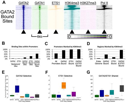 Figure 5. Genomic sites bound by GATA-2 and ETS-1 are marked by heavy H3K4 trimethylation and occupied by RNA Pol II. (A) Heatmaps depicting the tag density of GATA2 (dark blue), GATA1 (green), ETS1 (orange), H3K4me3 (teal), H3K27me3 (purple), and Pol II (black) across 6-kb genomic regions centered on the locations of each of the 18 149 GATA2 binding sites ordered by k-means clustering. Each row represents a 6-kb genomic region that surrounds a single GATA2 binding site. Columns represent 25-bp bins that are colored according to tag density. Bins were colored on a linear scale where those with zero tags were colored white and bins with 10 or more tags were colored most intensely. (B) Percentage of GATA2-selective, ETS1-selective, and GATA2/ETS1 shared sites that are located within gene proximal promoters, defined as the 2 kb immediately upstream of an annotated TSS. (C) Percentage of promoters bound by GATA2 and/or ETS1 that are also marked by trimethylation on lysine 4 of histone 3. (D) Percentage of non-promoter genomic regions marked by H3K4me3 that are also bound by GATA2 and/or ETS1. (E-G) Box-and-whisker plots show the tag counts for genomic regions bound by GATA2 and/or ETS1, normalized to 200-bp regions and 10 million total reads.