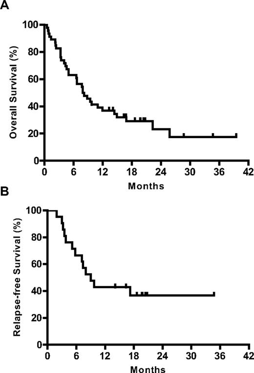 Figure 2. Survival. Kaplan-Meier estimates of (A) OS and (B) RFS for the phase 2 (n = 46) cohort.
