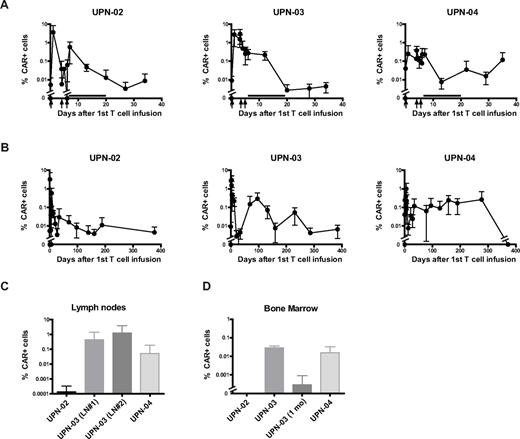 Figure 3. Engraftment, persistence, and localization of modified T cells to tumor sites. Quantitative real-time PCR was performed on genomic DNA harvested from study subject PBMCs collected before and at serial time points after T-cell infusions, using primers specific for the transgene. CAR+ cells are shown as a percentage of total PBMCs for each of the treated patients over (A) the first month and (B) the first year. The same quantitative PCR assay was used to detect modified cells in genomic DNA harvested from surgically excised lymph nodes (C) or bone marrow aspirates (D) collected 24 to 48 hours after the third T-cell infusion. For patient UPN-03, 2 adjacent lymph nodes were excised and analyzed separately, and an additional bone marrow aspirate was performed 1 month after the third T-cell infusion. Data represent mean values (± SD) of at least 2 assays per time point, with each sample performed in triplicate. Arrows indicate infusions of genetically modified T cells; and black bar, the 14-day period of low-dose IL-2 injections.