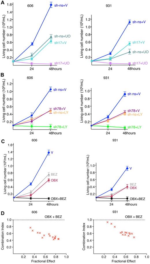 Figure 6. Combined inhibition of cell cycle and survival eradicate leukemic cell growth. (A) Cells (606HS2 and 931HS2) transducing Stat5-shRNA17 or control ns-shRNA were plated 72 hours after infection at 1 × 105 cells/mL and cultured in the absence (V, vehicle) or in the presence of UO126 (20μM). The number of viable cells was scored at 24 and 48 hours. Data are means ± SEM (n = 3). P < .001 comparing sh-ns + V with sh-ns + UO or sh17 + V and comparing sh-ns + UO or sh17 + V with sh17 + UO (by Student t test). (B) Cells (606HS2 and 931HS2) transducing Shp2-shRNA78 or control ns-shRNA were plated 72 hours after infection at 105 cells/mL and cultured in the absence (V, vehicle) or in the presence of LY294002 (10μM). Viable cells were scored at 24 and 48 hours. Data are means ± SEM (n = 3). P < .001 comparing sh-ns + V with sh-ns + LY or sh78 + V and comparing sh-ns + LY or sh78 + V with sh78 + LY (by Student t test). (C) Cells (606HS2 and 931HS2) were plated at 1 × 105 cells/mL and cultured in the absence (V, vehicle) or in the presence of NVP-BEZ235 (100nM) and/or Obatoclax (OBX; 100nM). Viable cells were scored at 24 and 48 hours. Data are means ± SEM (n = 3). P < .001 comparing control cells with cells grown in the presence of NVP-BEZ235 and/or OBX (by Student t test). (D) The effects of BEZ and OBX on cell proliferation were analyzed according to the Chou-Talalay method using CalcuSyn software.30 Cells (606HS2 and 931HS2) were treated with suboptimal concentrations of BEZ combined with suboptimal concentrations of OBX. The combination index values were determined from these dose-response curves for each combination. Combination index values above 1.1 indicate antagonistic, 0.9-1.1 additive, 0.7-0.9 moderately synergistic, and 0.3-0.7 synergistic effects.