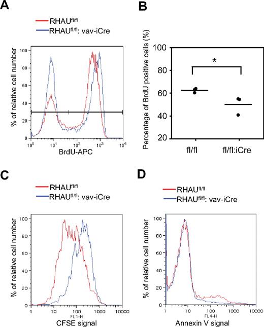 Figure 7. Decreased erythropoiesis potential in RHAUfl/fl:vav-iCre mice is because of decreased proliferation ability of ProEs. (A) Histogram showing the BrdU signals in ProEs. Most of the ProEs were BrdU+ in RHAUfl/fl mice. In contrast, most of the ProEs are BrdU− in mice lacking RHAU. (B) Percentage of BrdU+ cells from RHAUfl/fl and RHAUfl/fl:vav-iCre mice; *P < .05; n = 3. (C) Histogram showing CFSE signals. RHAU-ablated ProEs retained higher CFSE signals than wild-type ProEs after 3 days of culture. Freshly isolated ProEs were stained with CFSE on day 0 and cultured for 3 days in medium supplied with Epo to sustain proliferation. The wild-type ProEs showed the highest peak at a lower CFSE signal intensity, whereas the RHAU-ablated ProEs showed the highest peak at the highest CFSE signal. (D) Histogram showing annexin V binding activity of Ter-119+ erythroblasts isolated from the spleen.