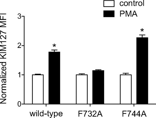 Figure 5. Integrin binding is required for talin-1–dependent LFA-1 activation. K562 cells expressing wild-type αL chain and wild-type or mutant β2 chain were incubated with PMA (1μM) and then labeled with KIM127 mAb. Flow cytometry was used to measure the binding of KIM127. Data are the fold increase mean fluorescence intensity (MFI) ± SEM over control untreated cells (n = 3).