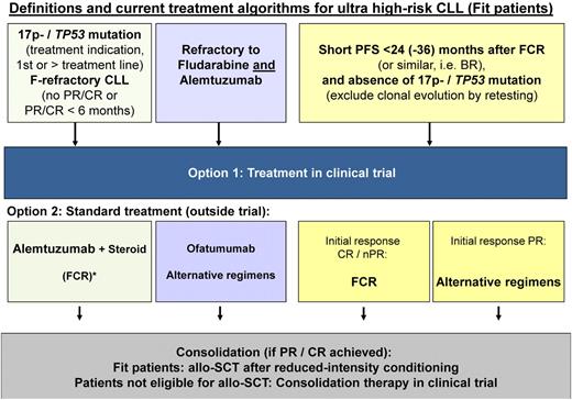 Figure 1. Treatment algorithm in different “highest-risk” scenarios of CLL. Patients with 17p deletion or TP53 mutation, refractory CLL (refractory to fludarabine, fludarabine combination, and similar regimens) as well as patients with short PFS after FCR (or similar regimens, PCR, BR) have a very high risk of death within 2 years from treatment indication.14,15,17 *The recommendations are not based on comparative trial data.