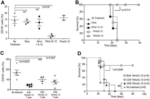 Figure 5. In vivo antitumor efficacy of 19mz+ T cells is dependent on continued IL-12 activation in vivo, and requires the presence of both CD4 and CD8 T cells subsets. (A) Similar to 19mz+ and Pmz/IL-12+ T-cell therapy, treatment of C57BL6(mCD19−/−hCD19+/−) mice bearing systemic EL4(hCD19) tumors with 19mz+ T cells cultured ex vivo with exogenous IL-12, in contrast to 19mz/IL-12+ T-cell treated mice failed to induce either B-cell aplasias or mediate tumor eradication (B). (C) Sorted CD4+ 19mz/IL-12+ T cells failed to induce B-cell aplasias in EL4(hCD19mCD80) tumor-bearing mice, in contrast to CD8+ 19mz/IL-12+ T cells, which induced a partial but significant B-cell aplasia and bulk 19mz/IL-12+ T cells, which induced significant B-cell aplasias. (D) In addition, in contrast to bulk 19mz/IL-12+ T cells, treatment with either sorted CD4+ or CD8+ 19mz/IL-12+ T cells alone failed to eradicate systemic EL4(hCD19+) tumors. Results shown are representative of 2 independent experiments with similar results.