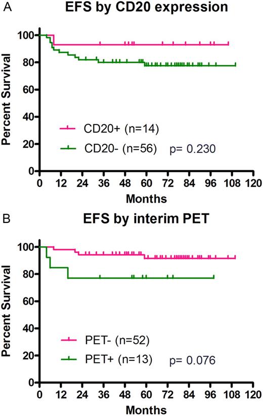 Figure 3. Kaplan-Meier curves showing the survival of patients. (A) EFS by CD20 status on malignant cells. (B) EFS by interim PET result.