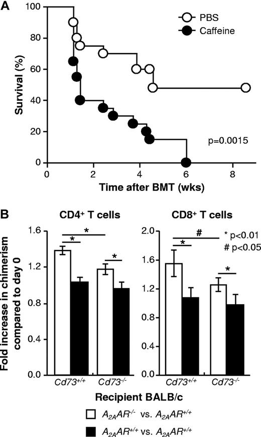 Figure 6. Extracellular adenosine reduces the severity of GVHD at least in part via signaling through the A2AAR on T cells. (A) Irradiated C57BL/6 mice (H-2Kb) received 5 × 106 BM cells and 20 × 106 spleen cells from BALB/c mice (H-2Kd) followed by IP injection of caffeine (10 mg/kg) or an equal volume of PBS 6 times in the first week after BMT and 3 to 5 times in the second week and later. The mice were monitored for survival for 9 weeks (P = .0015). The results are combined from 2 independent experiments (n = 20/group). (B) Irradiated BALB/c (CD45.2, A2AAR+/+) mice received intravenous injection of 5 × 106 BM cells from CD45.1+CD45.2+ C57BL/6 F1 congenic mice (A2AAR+/+) together with 2.5 × 106 each of splenocytes prepared from C57BL/6 A2AAR+/+ congenic mice (CD45.1) and from C57BL/6 A2AAR−/− or A2AAR+/+ congenic mice (CD45.2), as shown in supplemental Figure 1. On day 8, spleen cells were prepared from recipient mice and analyzed by flow cytometry for the expression of CD4, CD8, H-2Kd, CD45.1, and CD45.2 to determine the degree of chimerism. The bar graph represents the changes in the percentages of CD45.2+CD45.1− cells in total donor CD4+ and CD8+ T cells (ie, changes in chimerism) after allo-HCT compared with that in the preinjection donor cells (day 0): open bar represents A2AAR−/− versus A2AAR+/+; filled bar, A2AAR+/+ versus A2AAR+/+. Data are mean ± SD (n = 5). *P < .01. #P < .05. This experiment was performed using Cd73+/+ (left 2 bars) and Cd73−/− (right 2 bars) BALB/c mice as recipients. The results are representative of 2 similar independent experiments (n = 5/group).