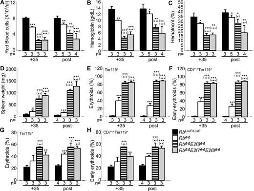 Figure 4. Lethally irradiated mice harboring HSCs deficient for Rb and E2f8 suffer from severe anemia. (A-D) Peripheral blood RBC numbers (A), hemoglobin (B), hematocrit (C), and spleen weights (D) of mice with the indicated genotypes. (E-J) Flow cytometric analysis of spleens (E-F) and BM (G-H) using lineage-specific cell-surface markers. Data labeled “post” were from mice that received BM donor cells harvested from mice that were injected with poly(I:C), whereas data labeled “+35” were from mice that received BM donor cells harvested from mice that had not been injected with poly(I:C). In the latter case, recipient mice were injected with poly(I:C) 35 days after transplantation.