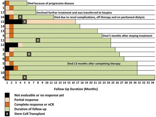 Figure 1. Disease status, response category, and status at last follow-up.