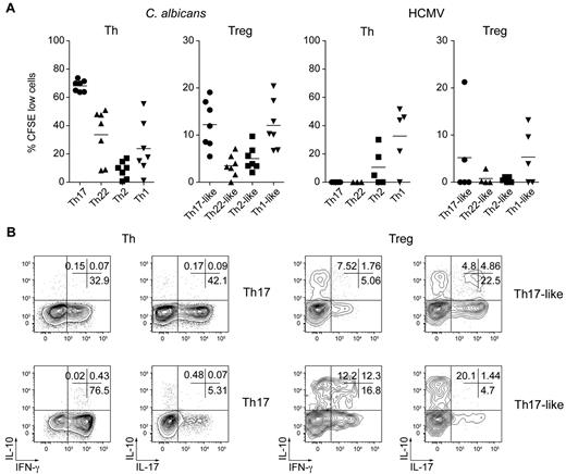 Figure 7. C albicans– and HCMV-specific Treg cells are present in Th17- and Th1-like subsets. (A) Proportion of CFSElo cells (that had undergone 3 or more divisions) among the indicated Th and Treg cell subsets after 6 days of stimulation with autologous monocytes pulsed with C albicans or HCMV antigens. Each symbol represents 1 donor; small horizontal bars indicate the mean. Data are from 7 (C albicans) or 5 (HCMV) donors. (B) Flow cytometric analysis of cytokine production by gated CFSElo C albicans–specific Th and Treg cells after restimulation with PMA/ionomycin for 5 hours. Data are representative of 3 independent experiments using 3 different donors.