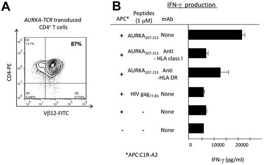 Figure 6. AURKA207-215–TCR transduced CD4+ T cells display antigen-specific Th1 cytokine production. (A) A representative flow cytometry plot showing surface Vβ12 expression by AURKA207-215–specificTCR-transduced CD4+ T cells. (B) AURKA207-215–TCR transduced CD4+ T cells produce IFN-γ in response to cognate peptide-loaded (1μM) C1R-A2 cells; unpulsed or irrelevant (HIV p17 Gag SL9) peptide-pulsed C1R-A2 cells were used as negative controls. Cognate antigen-specific IFN-γ production was reduced to background levels in the presence of anti-HLA class I blocking mAb and inhibited in the presence of anti-HLA class II blocking mAb. APC, antigen-presenting cell. Error bars represent SDs.