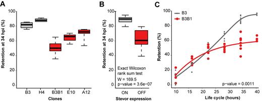 Figure 1. Endogenous levels of stevor expression affect erythrocyte deformability. (A) Retention rates in microsphere matrices at 34 hpi for erythrocytes infected with the NF54 clonal lines B3, H4, B3B1, E10, and A12. Gray represents clones exhibiting significant expression of a least one stevor gene; and red, stevor nonexpressing clones. Measurements were performed on 2% hematocrit cultures containing 2% to 10% tightly synchronized parasites. (B) Average retention rate in microsphere matrices at 34 hpi for erythrocytes infected with clones that do not express stevor genes (red) is significantly different from that of clones expressing at least one stevor gene (gray), as measured by a Wilcoxon rank-sum test. (C) Kinetics of retention in microsphere matrices for B3 (gray) and B3B1 (red) parasite lines during parasite life cycle. Measurements were performed at 10, 16, 22, 28, 34, and 40 hpi on 2% hematocrit cultures containing 2% to 10% tightly synchronized parasites.