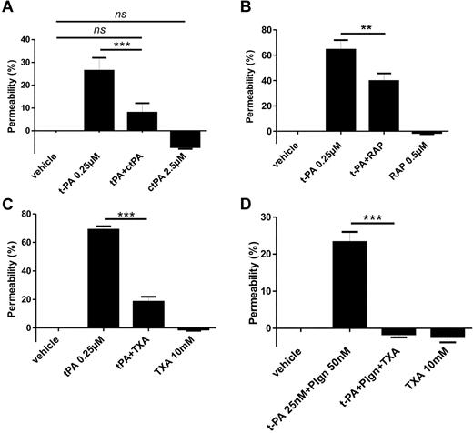 Figure 3. t-PA requires a cell surface receptor to modulate BBB permeability. (A) t-PA (250nM) was added to the luminal chamber of the BBB either alone or in combination with 2.5μM of ct-PA, and permeability was assessed after 4 hours. As shown, ct-PA inhibits the ability of active t-PA to increase BBB permeability (n = 4; ***P < .001). (B) t-PA (250nM) or the LDLR blocker RAP (500nM) was added either alone or in combination to the luminal chamber of the BBB, and permeability was assessed after 24 hours. The presence of RAP significantly inhibits t-PA–mediated BBB injury (n = 4-6; **P < .01). (C-D) t-PA (250nM; C) or t-PA (25nM) and Plgn (50nM; D) were added to the luminal chamber of the BBB either alone or in combination with the lysine analog TXA (10mM, added to the luminal and abluminal chambers), and permeability was assessed after 24 hours. As shown, the presence of TXA effectively blocks the ability of t-PA alone or on combination with Plgn to enhance BBB permeability. In panels C-D, n = 3 (***P < .001). In all panels, bars represent mean ± SEM.