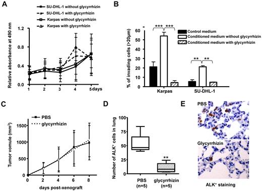 Figure 4. Pharmacologic inhibition of HMGB-1 impairs ALK+ cell dissemination in vitro and in vivo. Karpas-299 (Karpas) and SU-DHL-1 cells were incubated or not with 100mM glycyrrhizin. (A) The effect of glycyrrhizin on cell number was measured by following the absorbance at 490nm using the MTS assay. (B) ALK+ALCL cells cultured with supernatant from HaCaT cells previously exposed to Karpas-299 or SU-DHL-1 cell culture supernatants supplemented or not with 100mM glycyrrhizin were subjected to the 3D-Matrigel invasion assay described for Figure 5B. (C-E) Karpas-299 cells were subcutaneously injected into SCID mice. Tumor development progressed for 7 days, followed by 7 days of treatment with glycyrrhizin (one 10mg/kg IP injection/d) or PBS. (C) Tumor volume was measured every 2 days using callipers. (D) Histogram represents the mean ± SD of ALK+ cells infiltrating the lungs. The number of lymphoma cells was assessed by anti-ALK (rabbit monoclonal SP8) staining. (E) Histopathological examination of lung from xenografted NPM–ALK+ Karpas-299 mice shows that HMGB-1 inactivation leads to a decrease in ALK+ cells in the lungs. Mice were treated as described previously: lungs were harvested, fixed, and paraffin embedded for immunohistochemical analysis with anti-ALK (Sp8) to visualize invasion by ALK+ cells (original magnification, 400×).