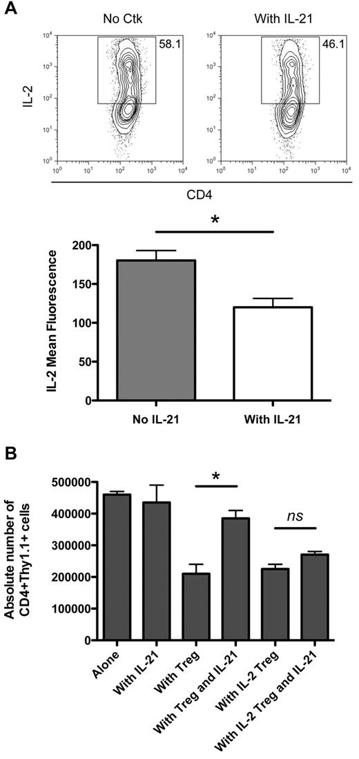 Figure 7. IL-21 down-regulates IL-2 and counteracts Treg suppression in vivo. (A) Thy1.1+ CD4+ DO11.10 T cells (1 × 106) were adoptively transferred into Thy1.2+ BALB/c recipients. Mice were immunized with OVA/alum intraperitoneally on day 1 and received daily intraperitoneal injections of IL-21 (1 μg) or vehicle control (PBS). Plots represent secreted IL-2, and graph represents collated IL-2 mean fluorescence intensity for Thy1.1+CD4+ T cells harvested from the spleen at day 5. (B) Thy1.1+ CD4+ DO11.10 T cells (1 × 106) were adoptively transferred into Thy1.2+ BALB/c recipients alone or with Thy1.2+CD4+CD25+ DO11.10 Tregs (2.5 × 105). Treg populations were preincubated alone or with 20 ng/mL IL-2 as indicated. Mice were immunized with OVA/alum intraperitoneally on day 1 and received daily intraperitoneal injections of IL-21 (1 μg) or vehicle control. At day 5, absolute numbers of Thy1.1+CD4+DO11.10+ cells in the spleen were determined by flow cytometry. Data are representative of at least 2 independent experiments. *P < .05. ns indicates not significant.